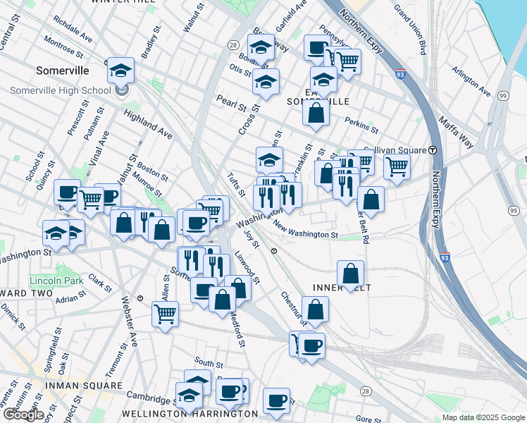 map of restaurants, bars, coffee shops, grocery stores, and more near 131 Washington Street in Somerville
