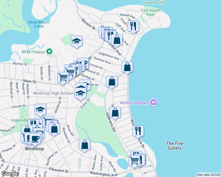 map of restaurants, bars, coffee shops, grocery stores, and more near 55 Veterans Road in Winthrop
