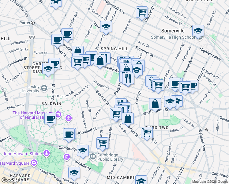map of restaurants, bars, coffee shops, grocery stores, and more near 54 Park Street in Somerville