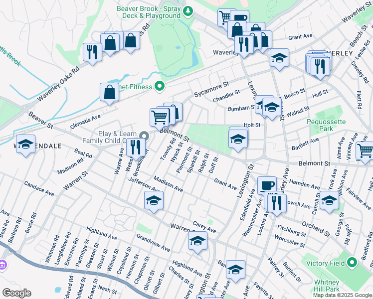 map of restaurants, bars, coffee shops, grocery stores, and more near 17 Piermont Street in Watertown