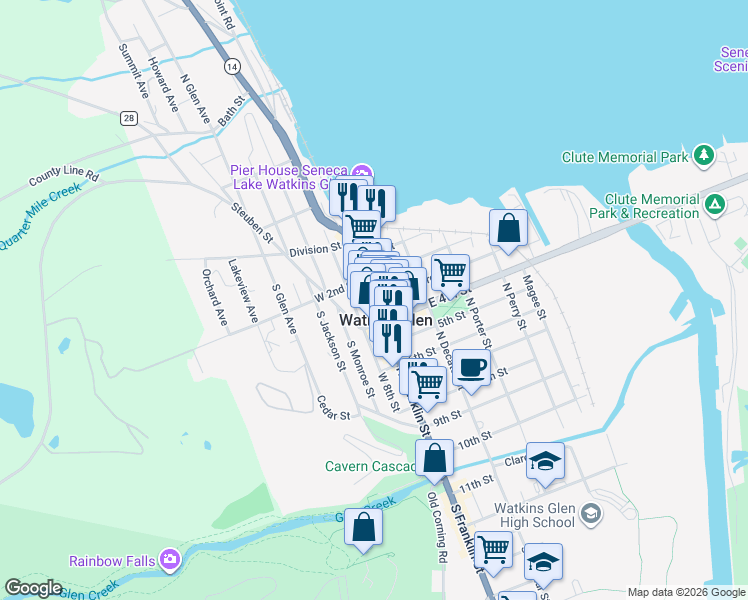 map of restaurants, bars, coffee shops, grocery stores, and more near in Watkins Glen