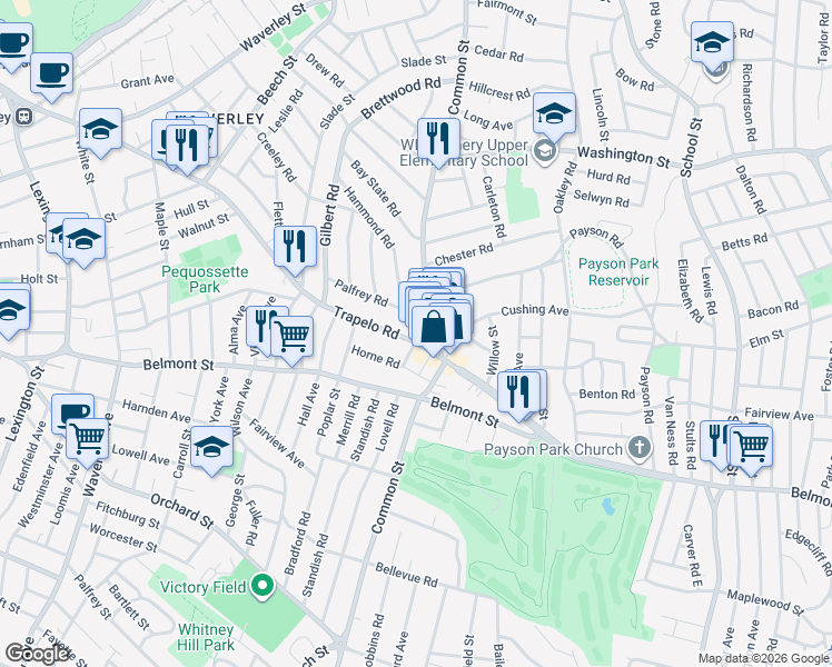 map of restaurants, bars, coffee shops, grocery stores, and more near 127 Trapelo Road in Belmont