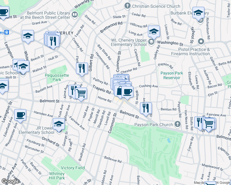 map of restaurants, bars, coffee shops, grocery stores, and more near 125 Trapelo Road in Belmont