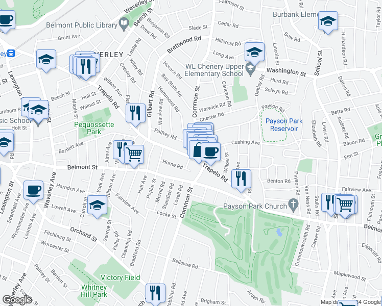 map of restaurants, bars, coffee shops, grocery stores, and more near 459 Common Street in Belmont