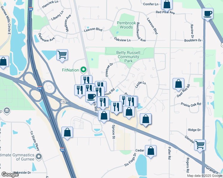 map of restaurants, bars, coffee shops, grocery stores, and more near 1500 Pinetree Drive in Gurnee