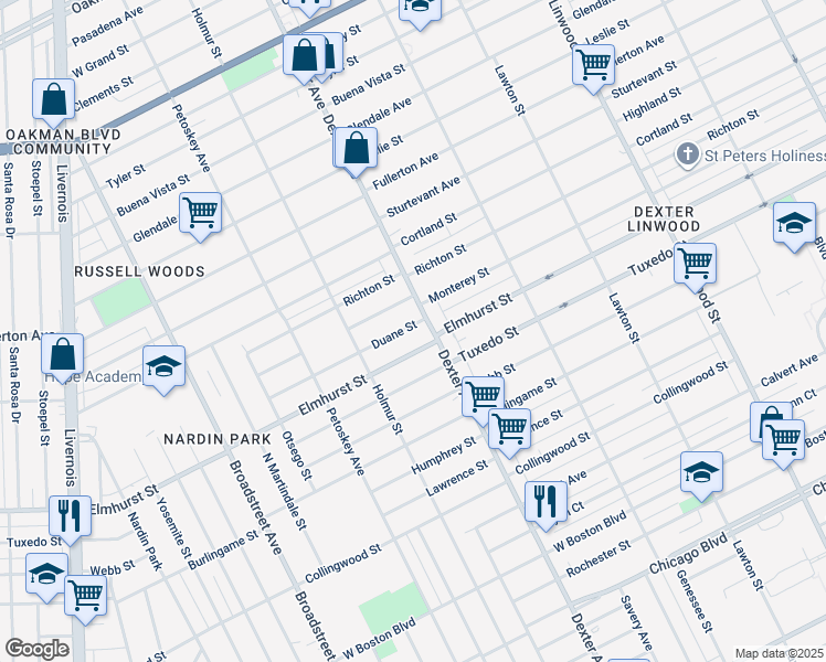 map of restaurants, bars, coffee shops, grocery stores, and more near 3731 Duane Street in Detroit