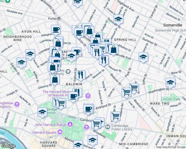 map of restaurants, bars, coffee shops, grocery stores, and more near 74 Hammond Street in Cambridge