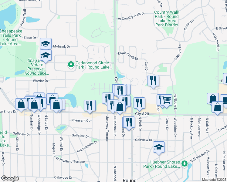 map of restaurants, bars, coffee shops, grocery stores, and more near 337 Meadow Green Lane in Round Lake Beach