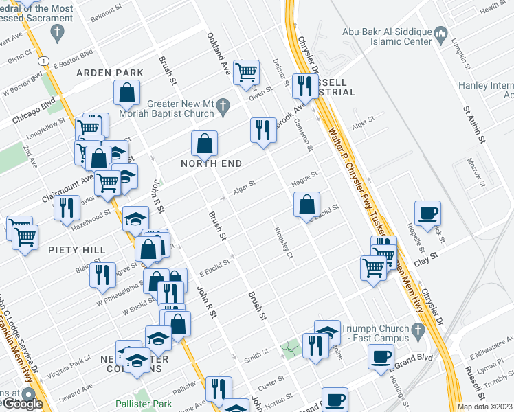 map of restaurants, bars, coffee shops, grocery stores, and more near 566 Hague Street in Detroit