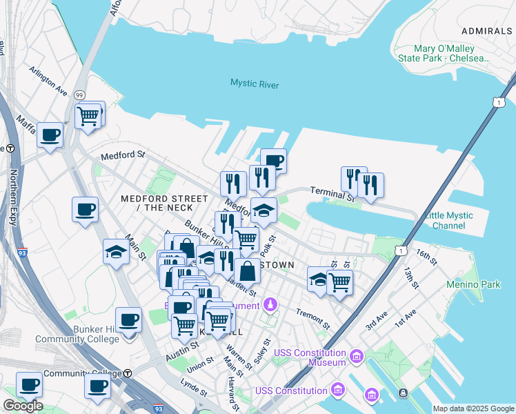 map of restaurants, bars, coffee shops, grocery stores, and more near 275 Medford Street in Boston