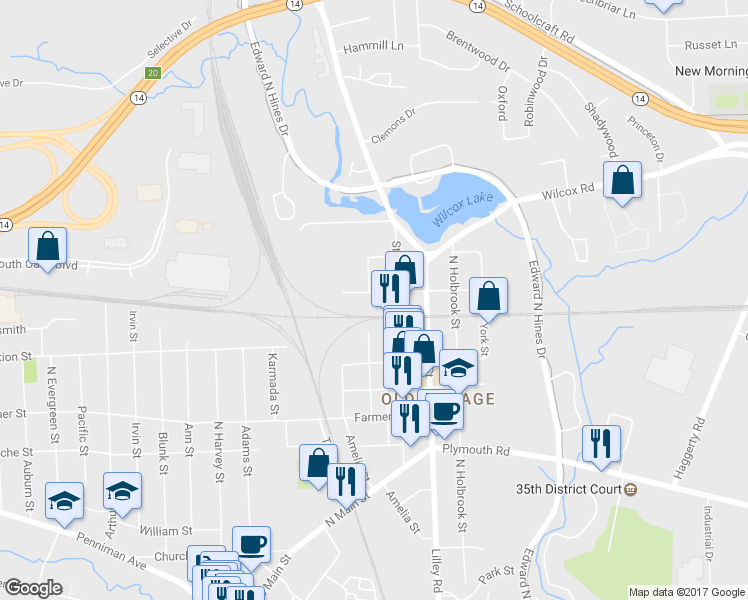 map of restaurants, bars, coffee shops, grocery stores, and more near 297 W Pearl St in Plymouth