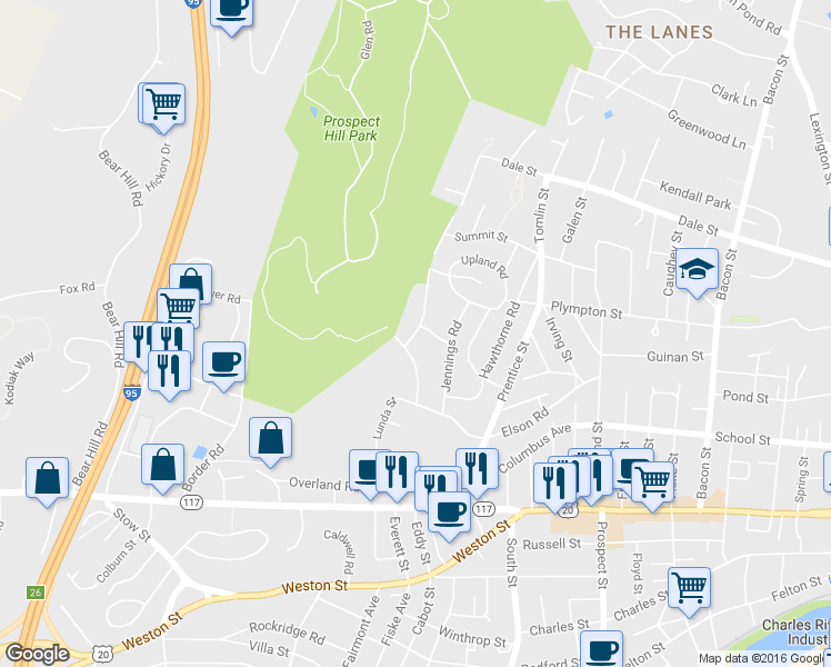 map of restaurants, bars, coffee shops, grocery stores, and more near Prospect Hill Road in Waltham