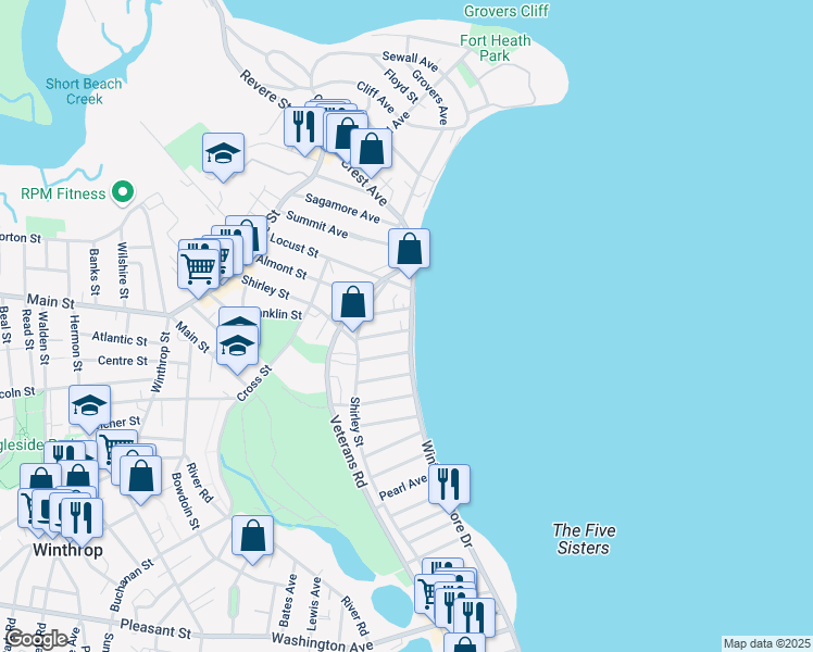 map of restaurants, bars, coffee shops, grocery stores, and more near 212 Winthrop Shore Drive in Winthrop