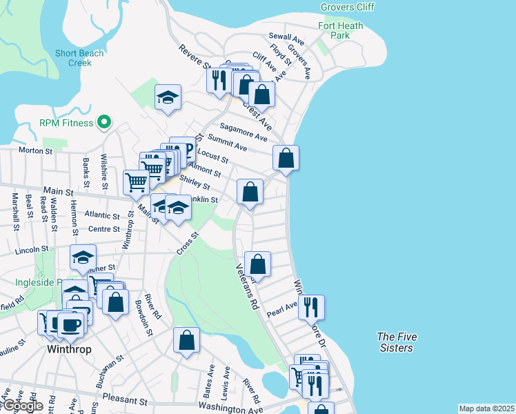 map of restaurants, bars, coffee shops, grocery stores, and more near 21 Hawthorn Avenue in Winthrop