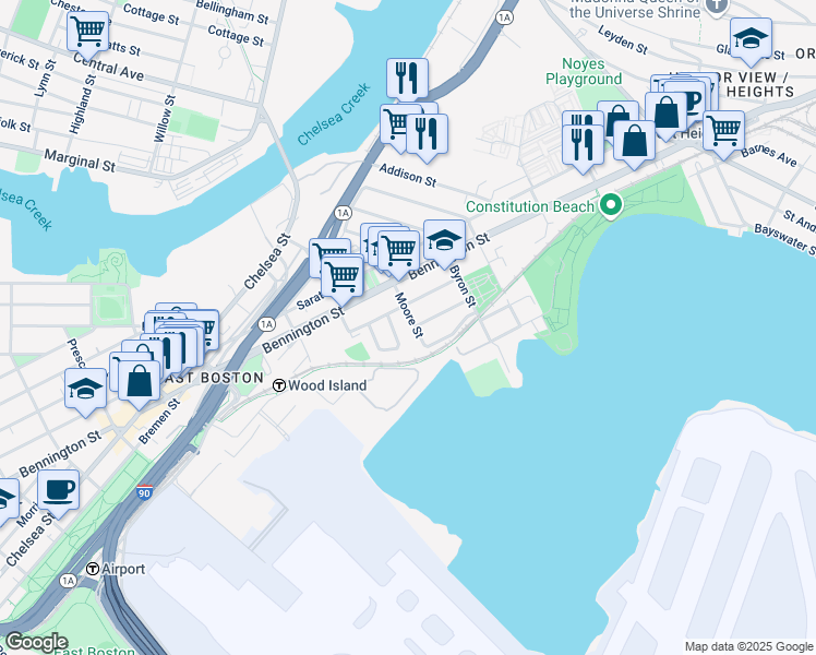 map of restaurants, bars, coffee shops, grocery stores, and more near 114 Moore Street in Boston