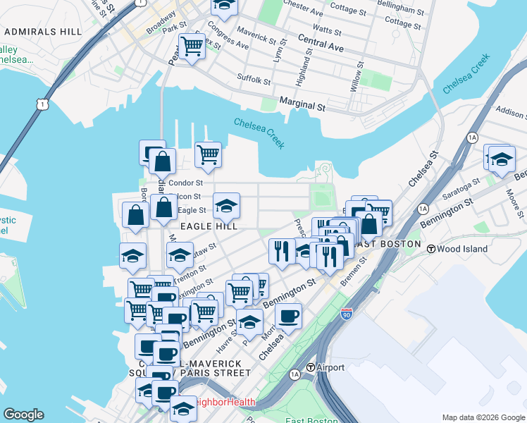 map of restaurants, bars, coffee shops, grocery stores, and more near 217 East Eagle Street in Boston