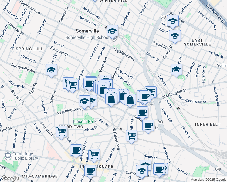map of restaurants, bars, coffee shops, grocery stores, and more near 13 Warren Avenue in Somerville