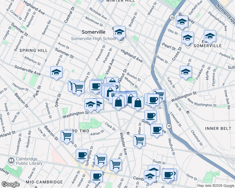 map of restaurants, bars, coffee shops, grocery stores, and more near 13 Warren Avenue in Somerville