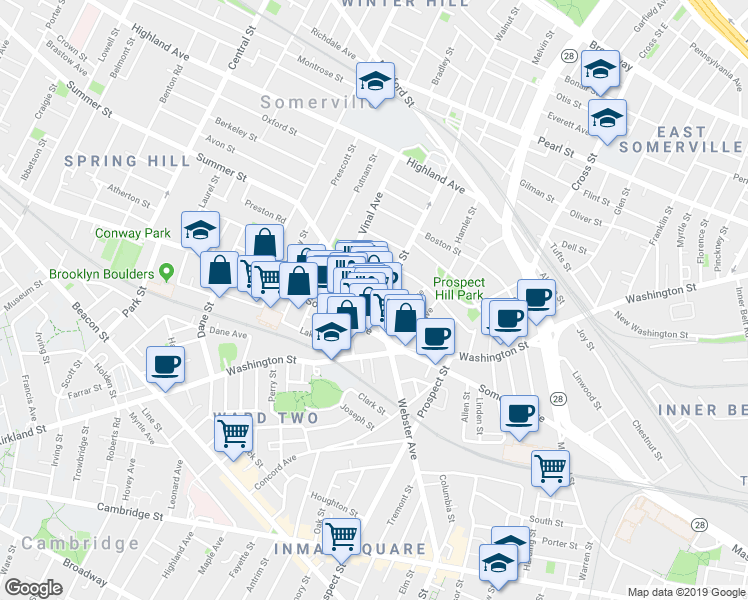 map of restaurants, bars, coffee shops, grocery stores, and more near 26 Bow Street in Somerville