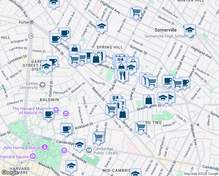 map of restaurants, bars, coffee shops, grocery stores, and more near 54 Park Street in Somerville