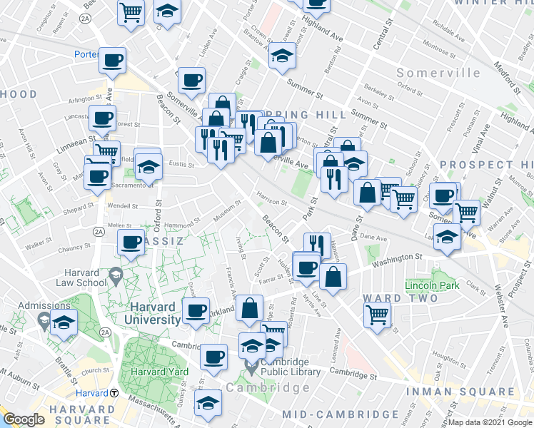 map of restaurants, bars, coffee shops, grocery stores, and more near 136 Irving Street in Cambridge