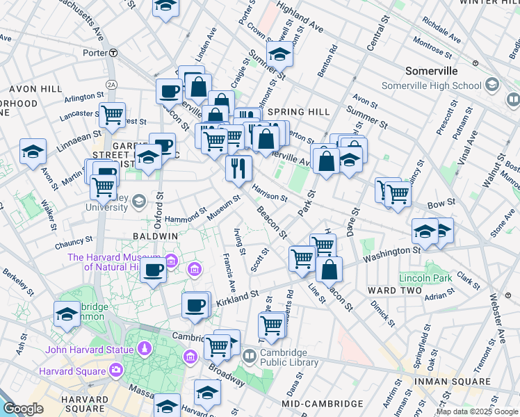 map of restaurants, bars, coffee shops, grocery stores, and more near 136 Irving Street in Cambridge