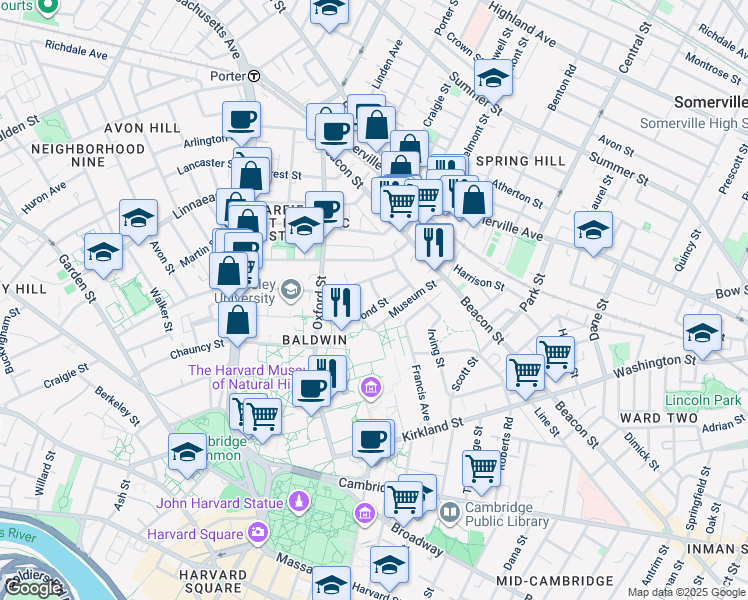 map of restaurants, bars, coffee shops, grocery stores, and more near 74 Hammond Street in Cambridge