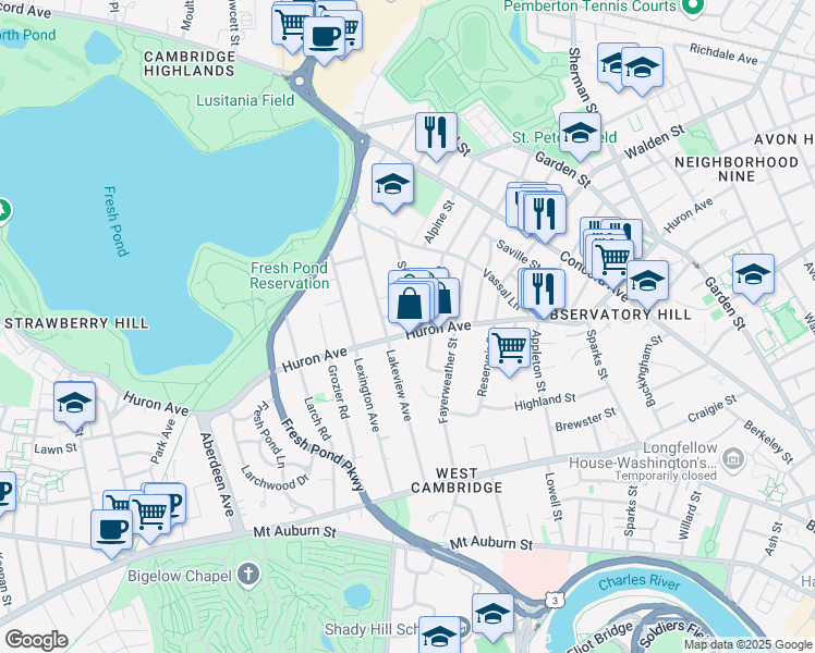 map of restaurants, bars, coffee shops, grocery stores, and more near in Cambridge