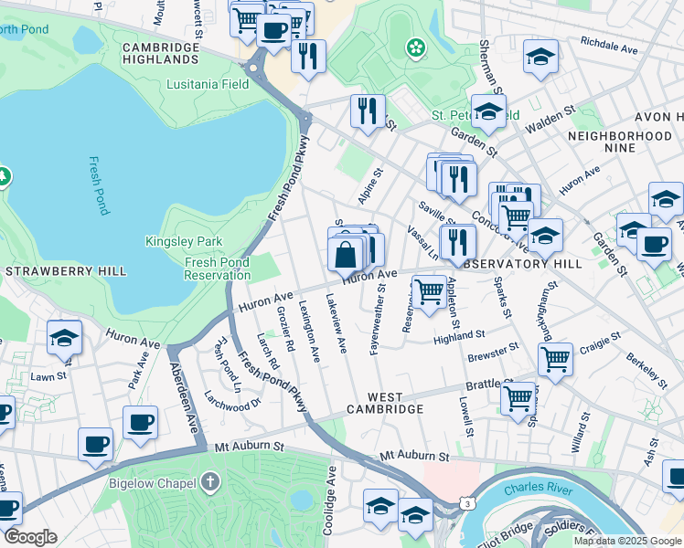 map of restaurants, bars, coffee shops, grocery stores, and more near in Cambridge
