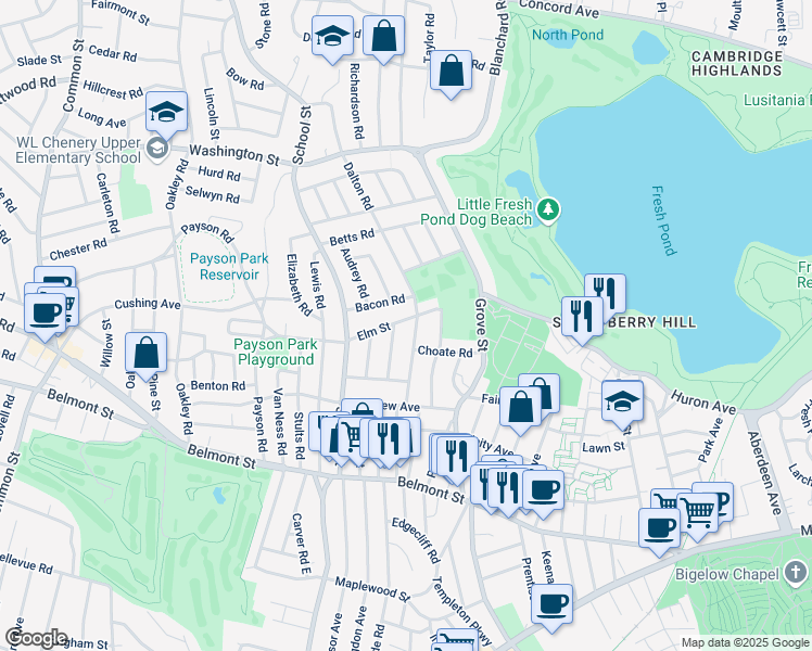 map of restaurants, bars, coffee shops, grocery stores, and more near 34 Skahan Road in Belmont