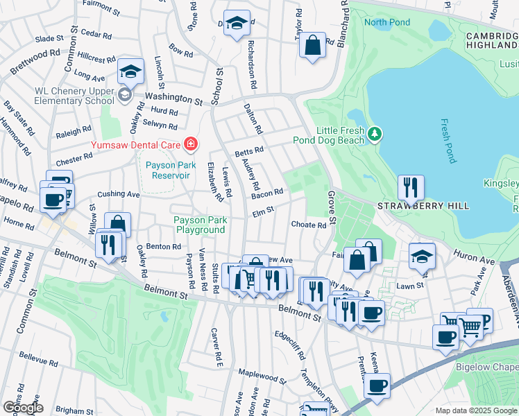 map of restaurants, bars, coffee shops, grocery stores, and more near 57 Elm Street in Belmont