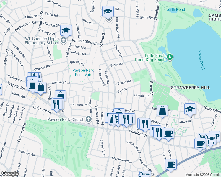 map of restaurants, bars, coffee shops, grocery stores, and more near 136 Lewis Road in Belmont