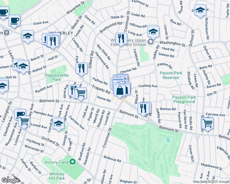 map of restaurants, bars, coffee shops, grocery stores, and more near 459 Common Street in Belmont