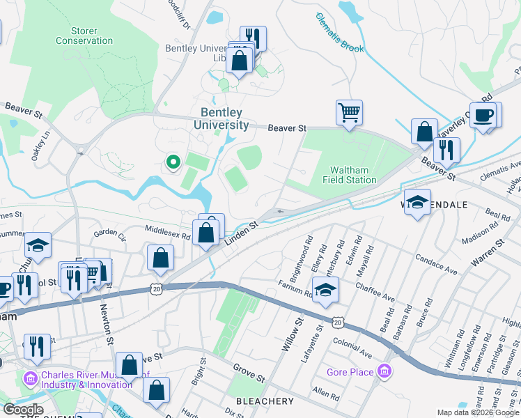map of restaurants, bars, coffee shops, grocery stores, and more near 49 Linden Park Drive in Waltham