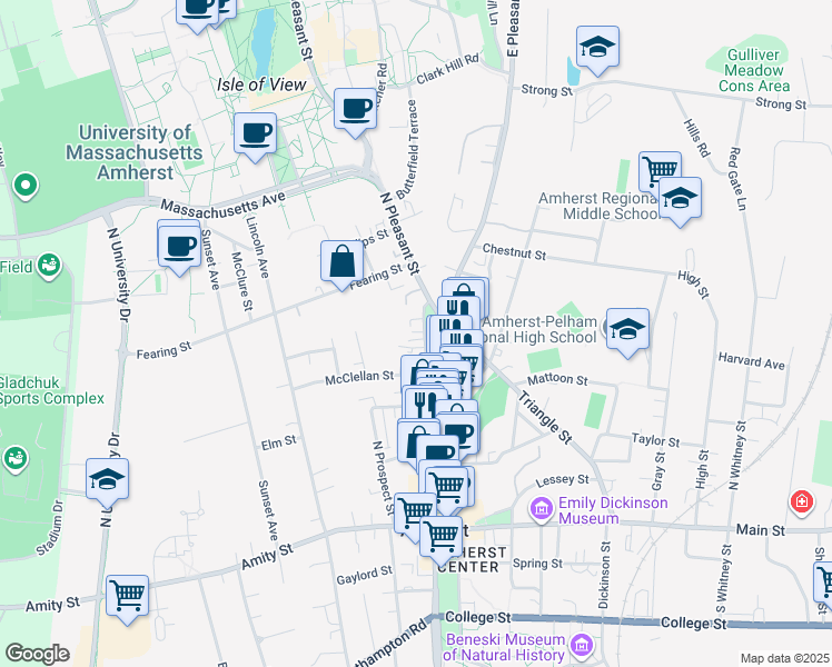 map of restaurants, bars, coffee shops, grocery stores, and more near 300 North Pleasant Street in Amherst