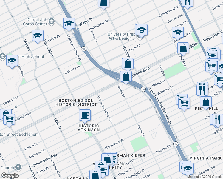 map of restaurants, bars, coffee shops, grocery stores, and more near 1472 Longfellow Street in Detroit