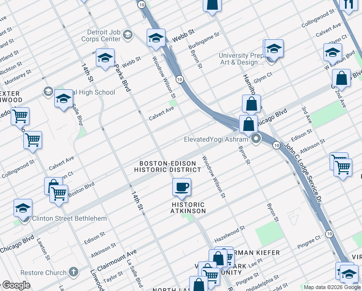 map of restaurants, bars, coffee shops, grocery stores, and more near 1646 Chicago Boulevard in Detroit