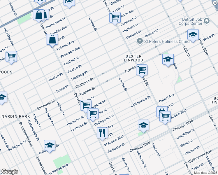 map of restaurants, bars, coffee shops, grocery stores, and more near 3003 Webb Street in Detroit