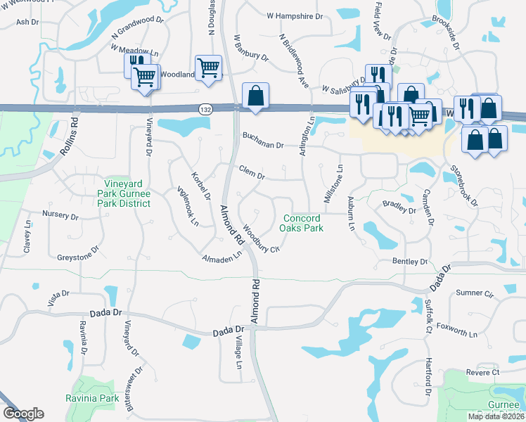 map of restaurants, bars, coffee shops, grocery stores, and more near 7375 Lenox Court in Gurnee
