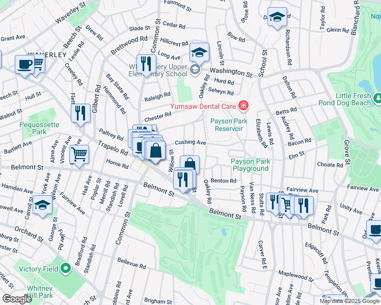 map of restaurants, bars, coffee shops, grocery stores, and more near 12 Acorn Street in Belmont