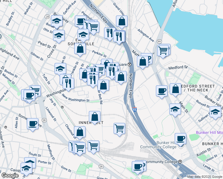 map of restaurants, bars, coffee shops, grocery stores, and more near 40 Roland Street in Boston