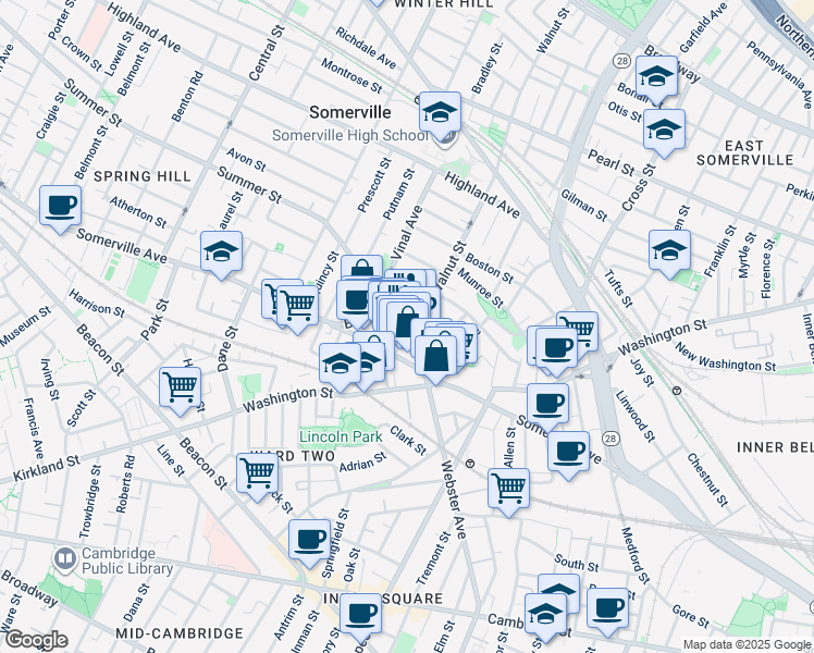 map of restaurants, bars, coffee shops, grocery stores, and more near 21 Bow Street in Somerville