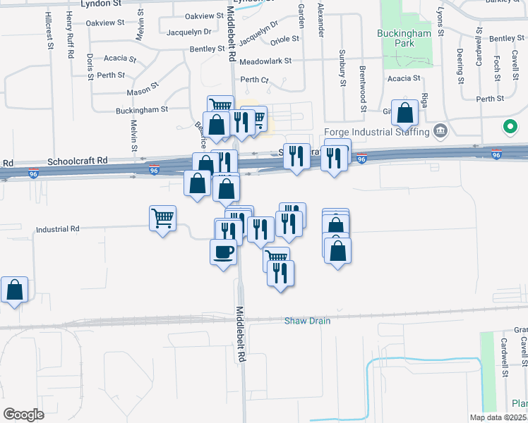 map of restaurants, bars, coffee shops, grocery stores, and more near in Livonia
