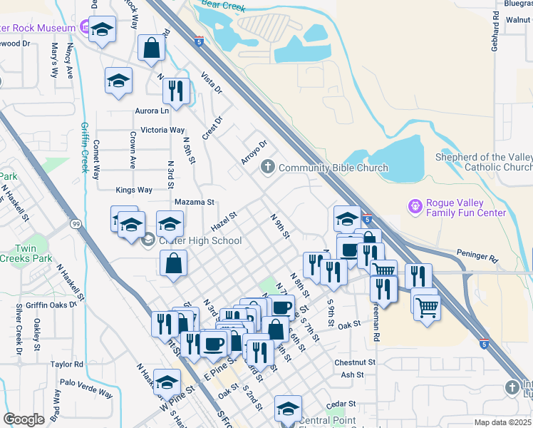 map of restaurants, bars, coffee shops, grocery stores, and more near 405 North 9th Street in Central Point