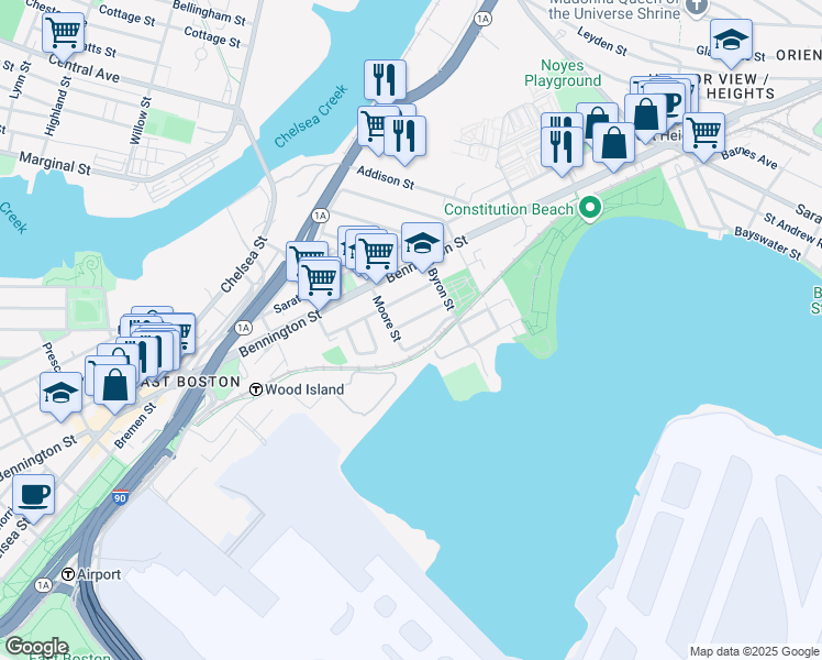 map of restaurants, bars, coffee shops, grocery stores, and more near 114 Moore Street in Boston