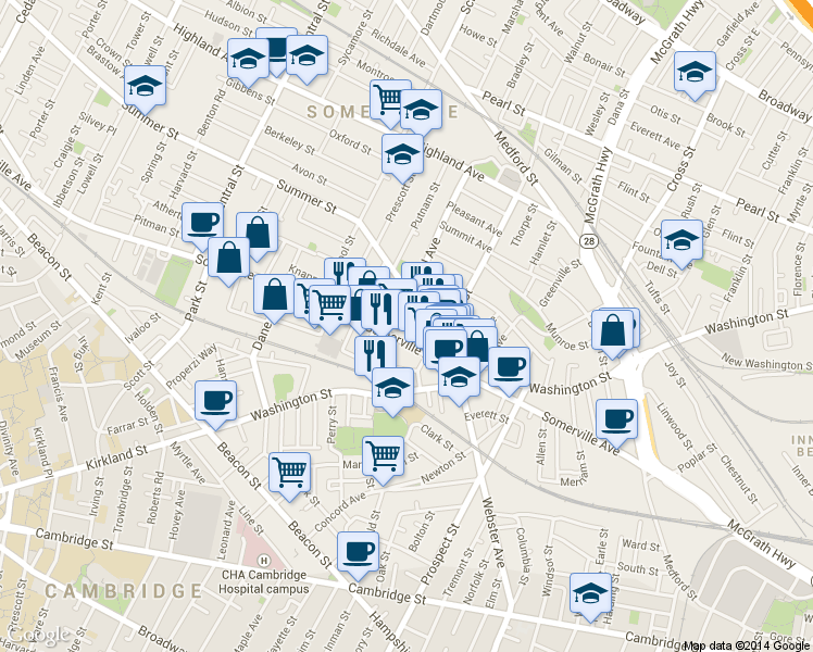 map of restaurants, bars, coffee shops, grocery stores, and more near 1 Bow Market Way in Somerville
