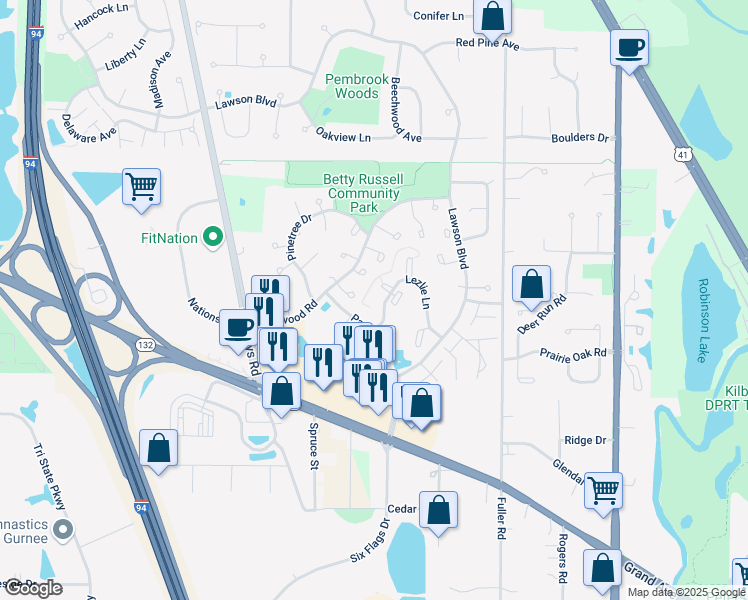 map of restaurants, bars, coffee shops, grocery stores, and more near 5350 Arthur Court in Gurnee