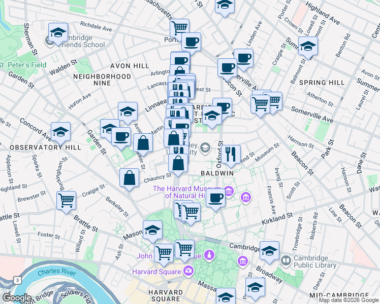 map of restaurants, bars, coffee shops, grocery stores, and more near 1637 Massachusetts Avenue in Cambridge