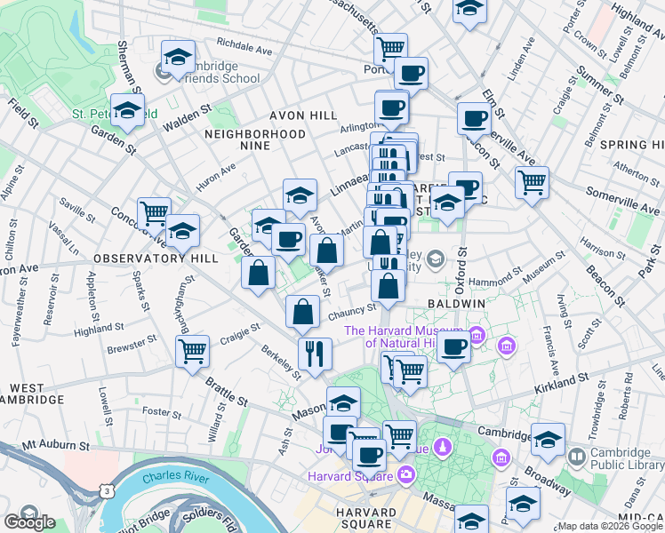 map of restaurants, bars, coffee shops, grocery stores, and more near 34 Shepard Street in Cambridge