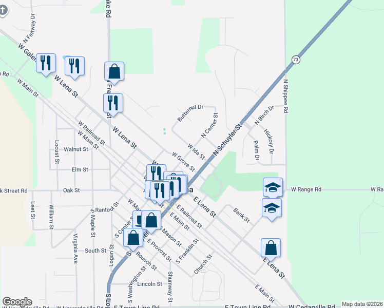 map of restaurants, bars, coffee shops, grocery stores, and more near 108 East Ida Street in Lena